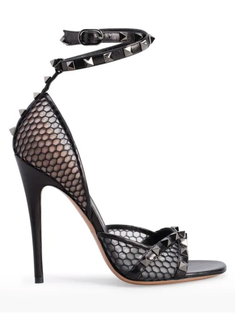 Valentino Garavani Black Mesh Pyramid-Stud Heeled Sandals